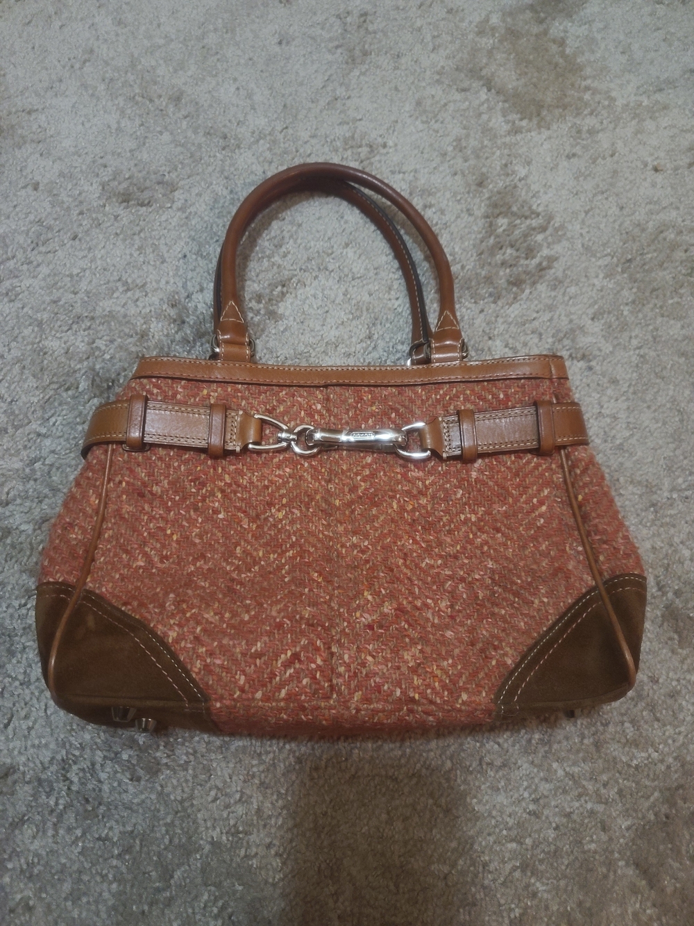 Coach Orange-Brown Tweed Satchel with Leather Trim